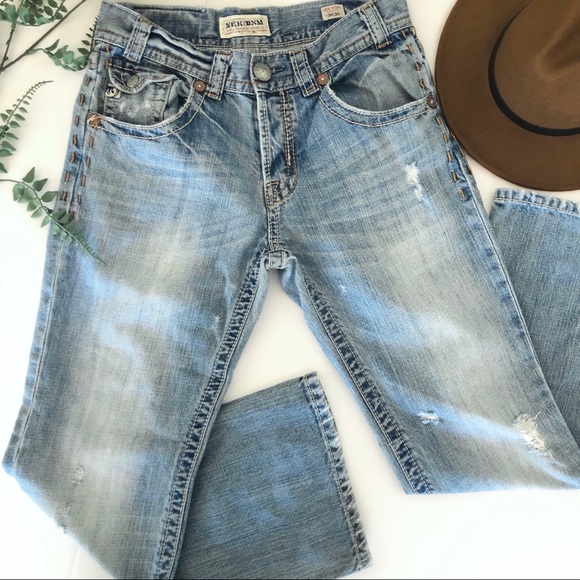 MEK JEANS Denim - MEK bootcut button fly distressed jeans.